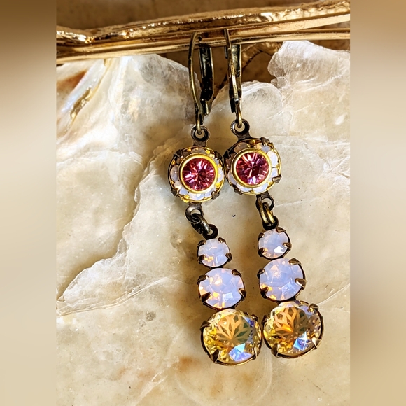 Pink Swarovski Crystal Flower Drop Dangle Earrings In Brass - Picture 5 of 6